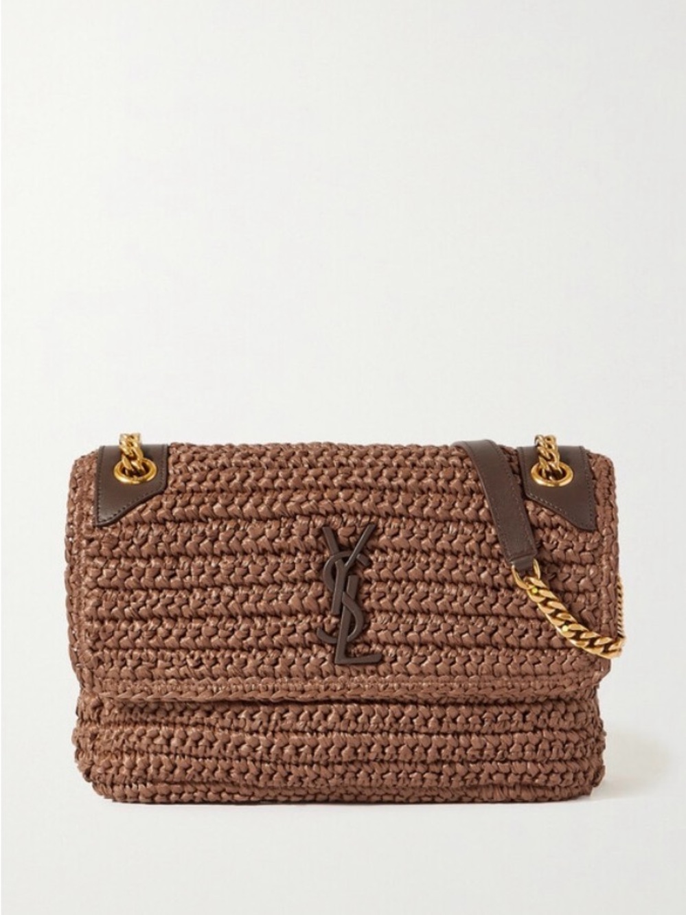 Saint Laurent Brown Niki Raffia Braided Shoulder Bag with Gold Chain